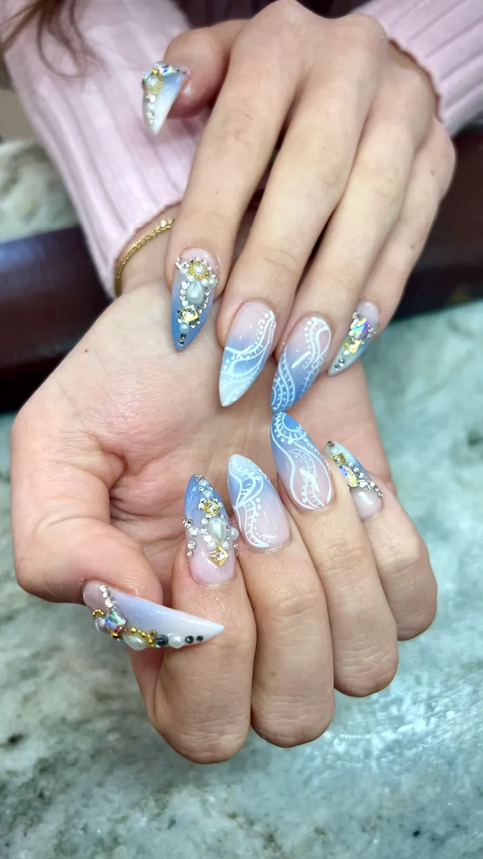 Sheer nude nails with fine black line art