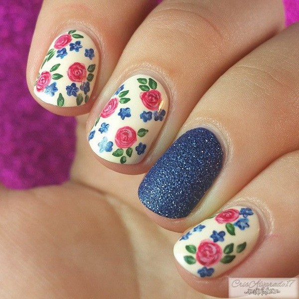 Pink and Blue Floral Nails. 