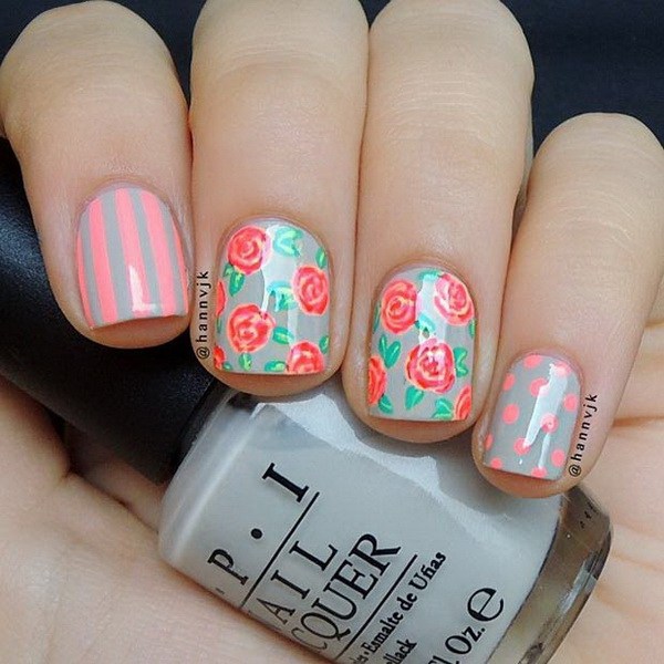 Mixed Pattern Flower Nail Design. 