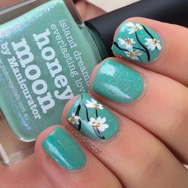 Flower Turquoise Short Nail Design. 