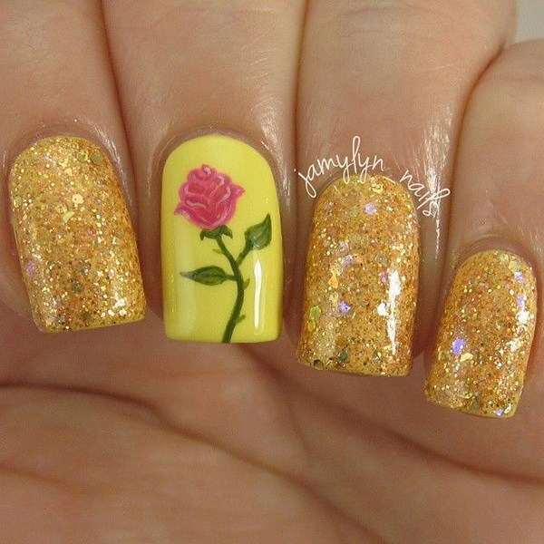 Gold Shimmer Nails With Rose. 